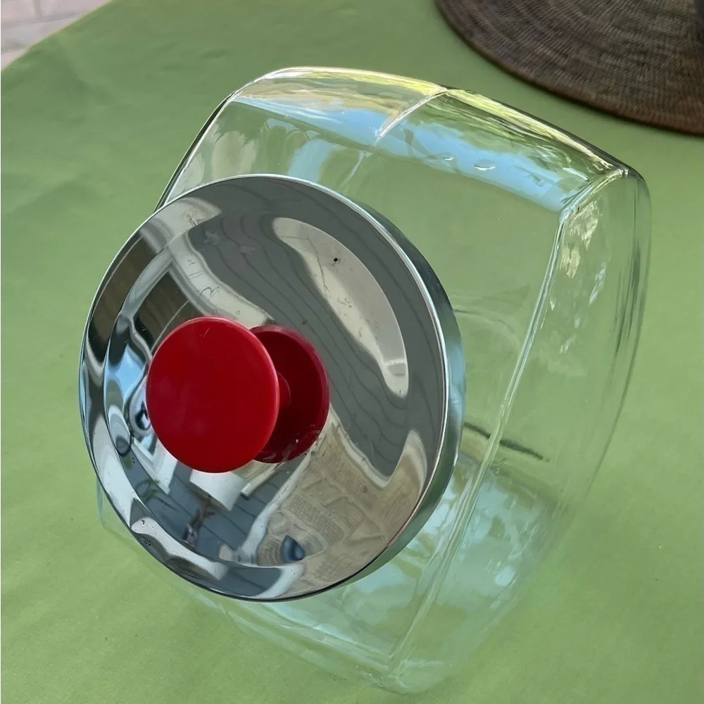 Vintage General store tilted glass, candy jar, large canister with chrome lid